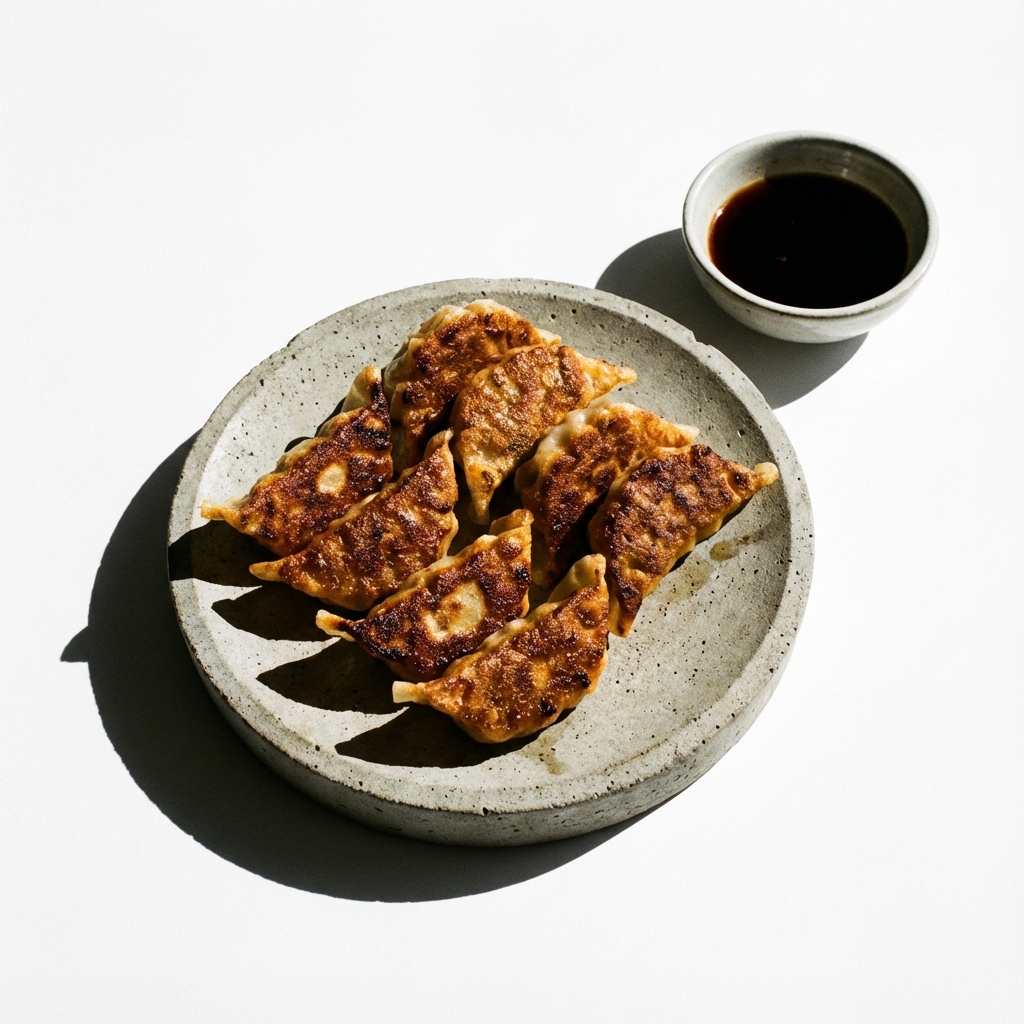 Pan-fried dumplings with dipping sauce