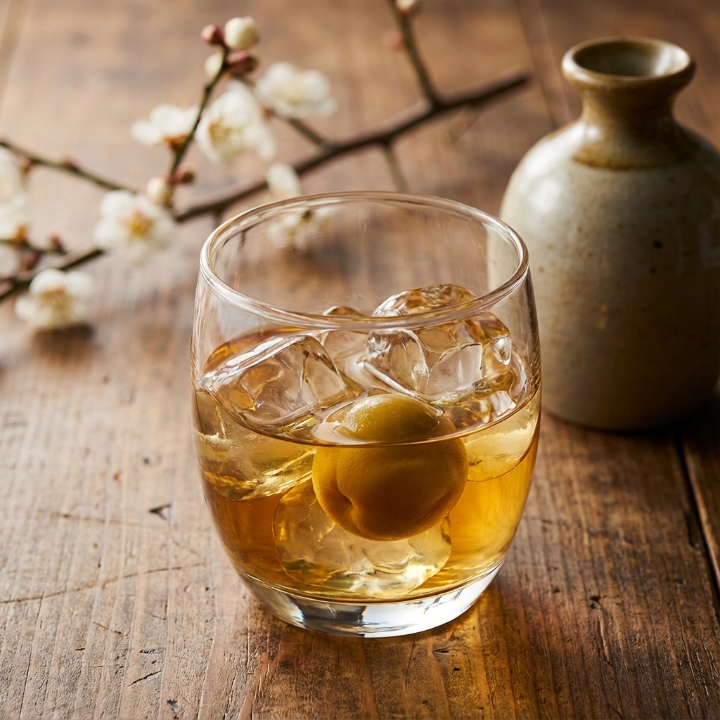 Glass of plum wine on rocks