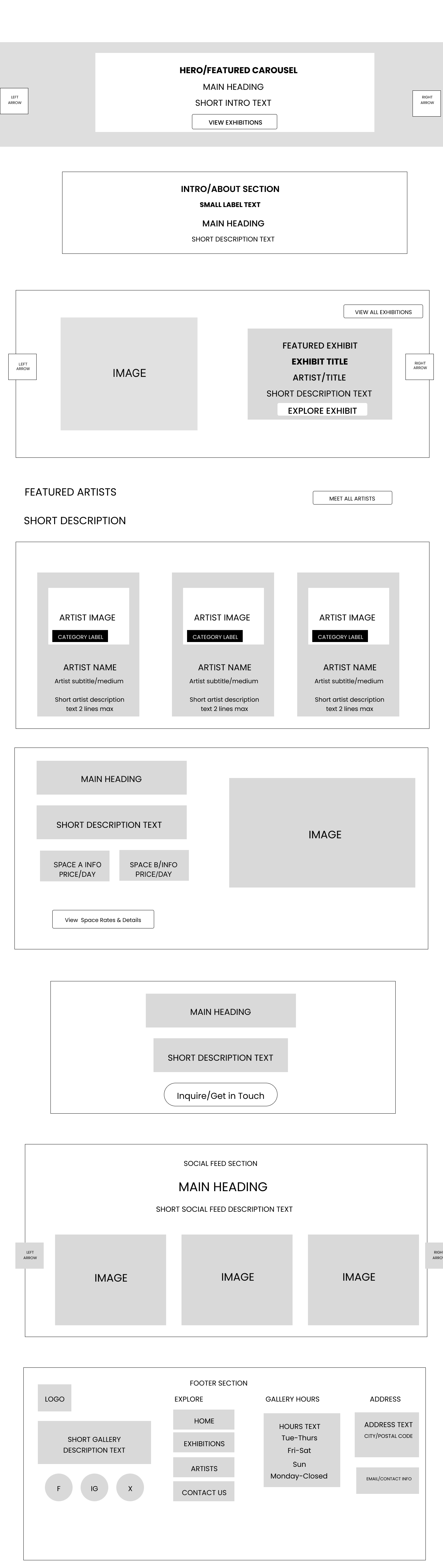 The Boxx Art Gallery Low-Fidelity Wireframe Layout